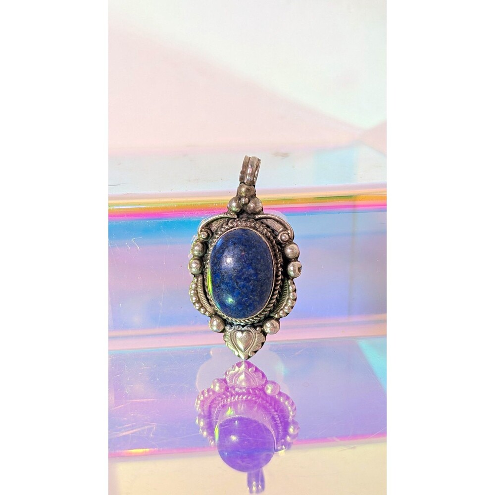 1990s Marked 925 Sterling Silver Blue Lapis Stone Statement Pendant  28g Vintage